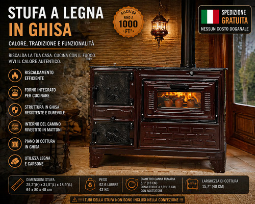 Stufa legna ghisa con - stufa, a