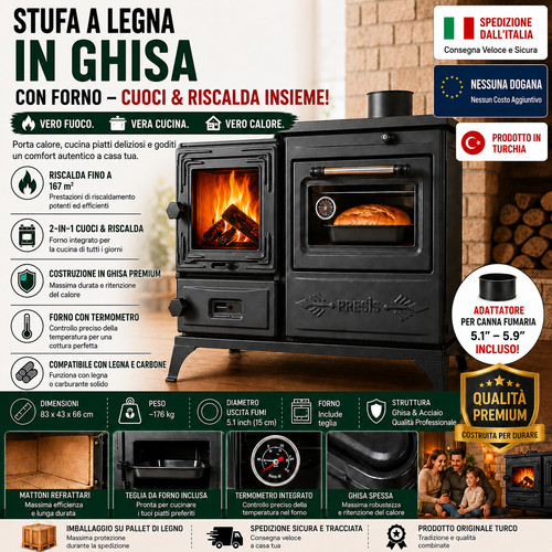 Stufa legna ghisa con - a,